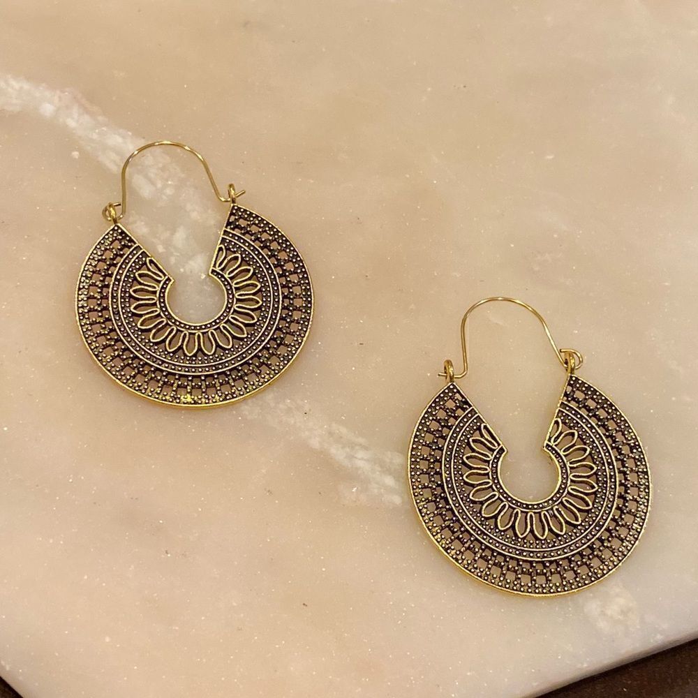 Gold round bohemian drop earrings